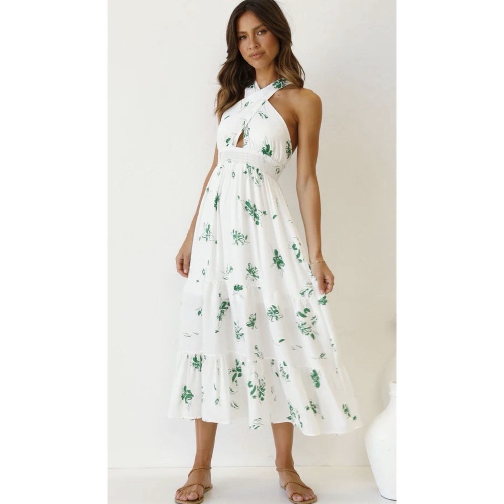 Reverse Dainty‎ Floral Crossover Midi Dress Sz Small Grern/White - Picture 13 of 13